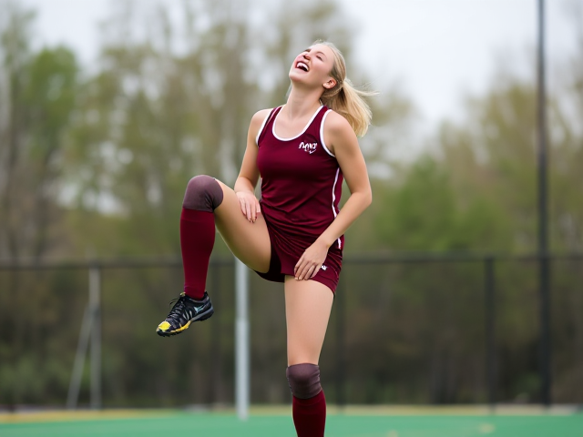 Beautiful fifty-something blonde field hockey woman in a burgundy uniform with well defined legs and knee pads, with one foot up on a riser, throwing her head back, and laughing hysterically again and again and again and again