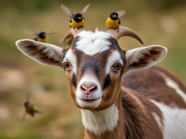 Create an image of a baby goat with honeyeaters flying around its head