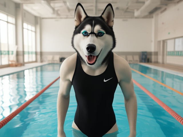 A tall anthropomorphic Siberian husky with a long torso and broad shoulders wearing a high cut Nike one piece swimsuit and swimming goggles, in a indoor swimming pool