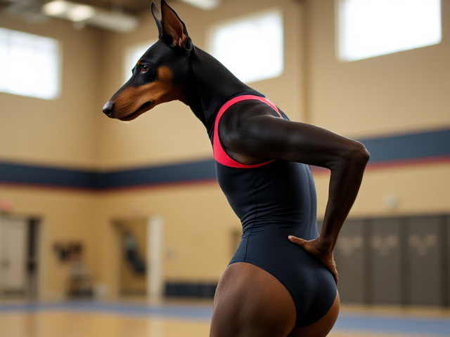 Anthropomorphic Doberman wearing a gymnastics leotard, posing with emphasis on its hips in a gymnasium setting, detailed and vibrant colors