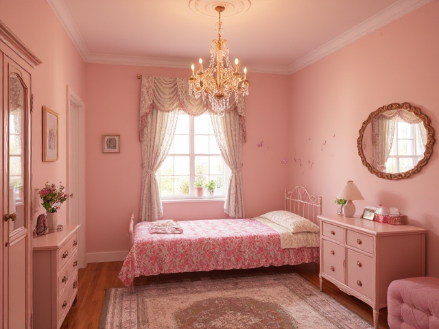 a victorian cottage a feminine little girly bedroom in a cottage with a single bed and a small dresser. The walls were painted a pale pink, and delicate butterfly decals decorated one corner. A small chandelier hung from the ceiling, casting rainbow reflections around the room.
