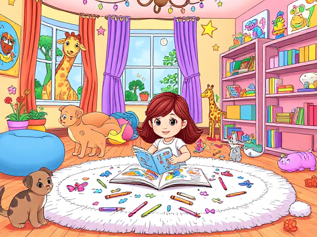 Create a vibrant and enchanting cover for a toddler's coloring book that depicts a magical playroom. The scene should feature a lively cartoon girl with colorful hair, joyfully surrounded by a variety of adorable cartoon animals. She is sitting on a fluffy, oversized rug, with crayons scattered around her, eagerly coloring in a large picture book filled with fun illustrations. Playful kittens in a rainbow of colors are chasing after colorful butterflies fluttering through the air, while a friendly puppy with big, sparkling eyes peeks out from behind a cozy bean bag chair. In one corner, a cheerful giraffe is playfully poking its head through the window, looking curiously at the girl. The walls should be decorated with bright, imaginative artwork and posters of friendly dinosaurs, whimsical trees, and stars. Add colorful shelves filled with toys, books, and plush animals, creating a warm and inviting atmosphere. The entire design should be bursting with bright colors, playful characters, and a sense of adventure, making it irresistible for children and their parents, and inspiring a love for creativity and exploration.