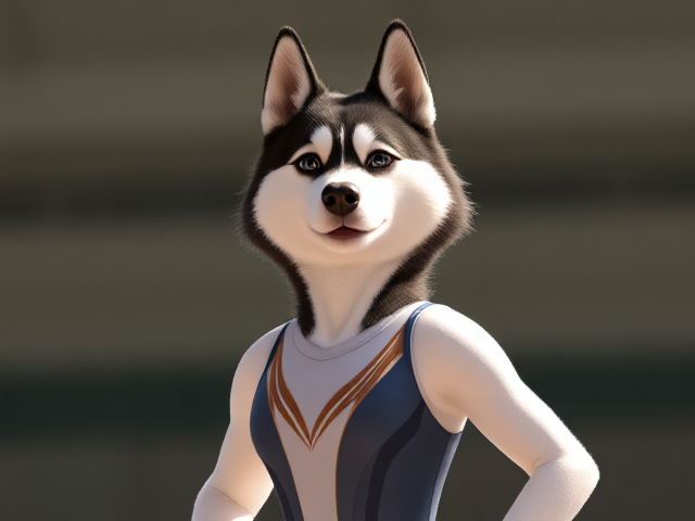 A anthropomorphic Siberian husky Olympic gymnast wearing a leotard