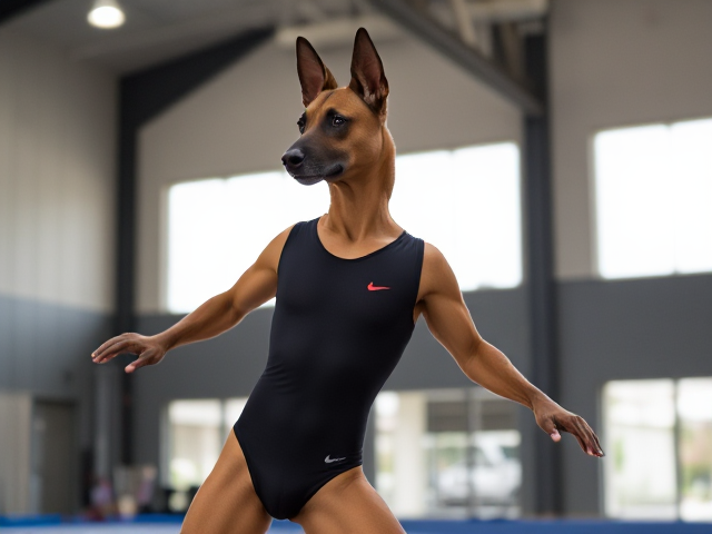 Anthropomorphic Belgian malinois with broad shoulders, wearing a gymnastics leotard, inside a gymnasium, dynamic pose