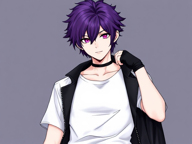 Mha OC. Purple fluffy hair. White tshirt. Black chained pants. Leather Jacket. Fingerless gloves. Halloween pfp. Male.