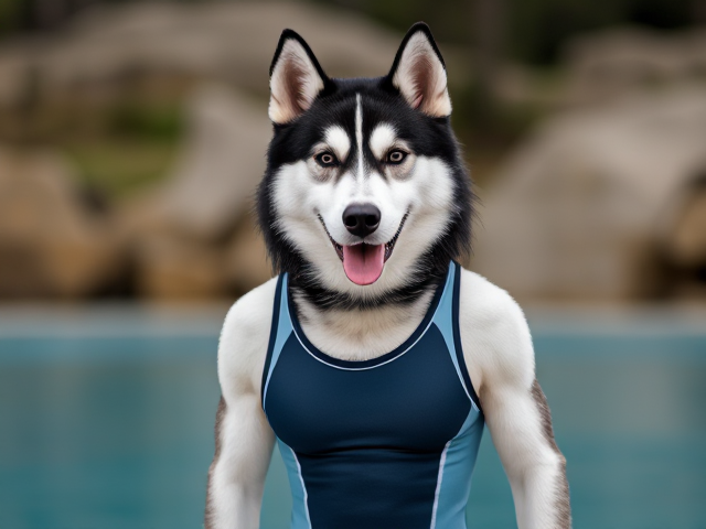A anthropomorphic Siberian husky wearing a sport swimsuit
