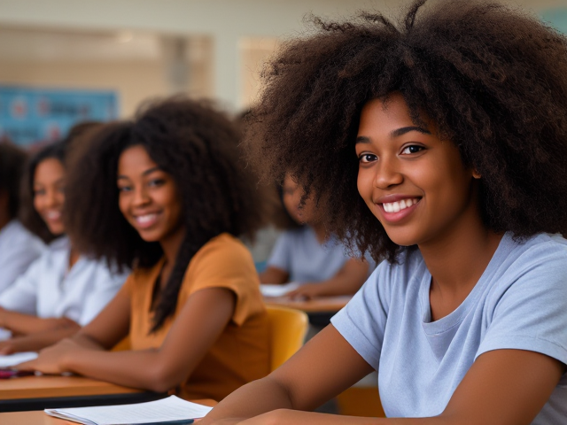 Des élèves afro-Américaines avec des tresses, assises dans une salle de classe de collège, ambiance studieuse et joyeuse, décor coloré et moderne