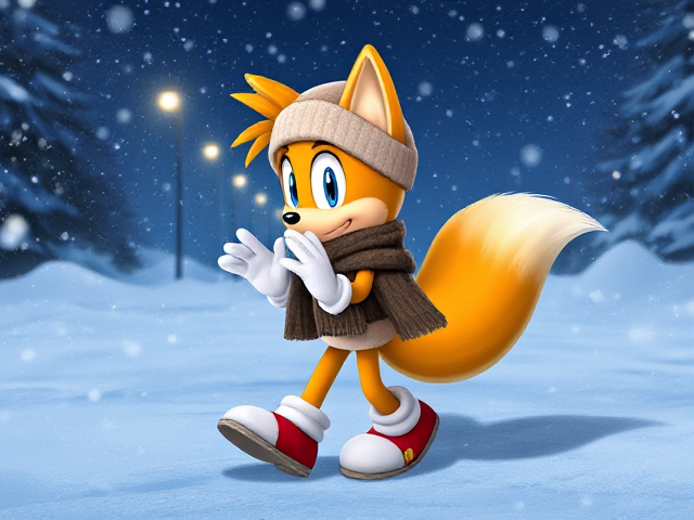A highly detailed, full-body side shot illustration of a young and adorable Miles "Tails" Prower from the Sonic the Hedgehog video game series. Tails is walking outside late at night during a fierce snow blizzard. He is wearing a cozy scarf and winter hat, but the intense blizzard is hindering his progress. Tails’ two fluffy tails are blowing violently in the strong wind behind him. His hands are outstretched in front of his face as he tries to shield himself from the harsh wind