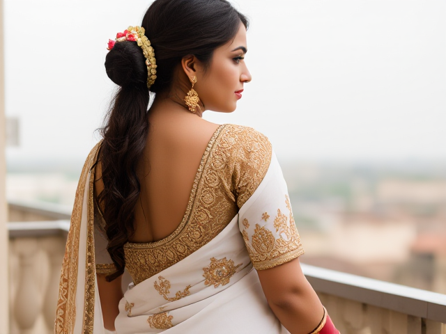 Indian young woman dressed in a white saree with intricate gold embroidery, and elaborate traditional jewelry including bangles, earrings, and a necklace, her back turned to reveal the detailed work on the saree. The scene is set against a background of her on a balcony in Pakistan