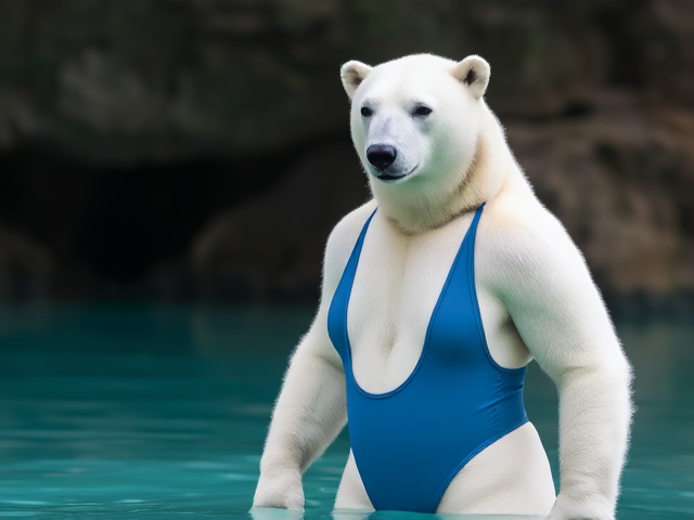 A anthropomorphic polar bear wearing a high cut one piece swimsuit