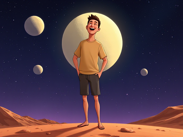 Un homme debout qvzc bras et jambes heureux, qui sourit, seul sur une planète