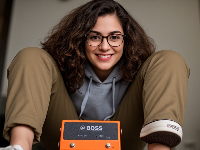 closeup of an attractive thirty-something semitic woman with long curly hair and small glasses grinning knowingly at the viewer.  She is wearing cargo pants, a hoody, Chucks sneakers with oversized laces and is balancing herself on top of a small orange BOSS distortion pedal