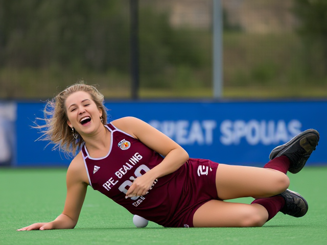 Beautiful forty-something field hockey woman in burgundy uniform flailing on the ground in hysterical laughter