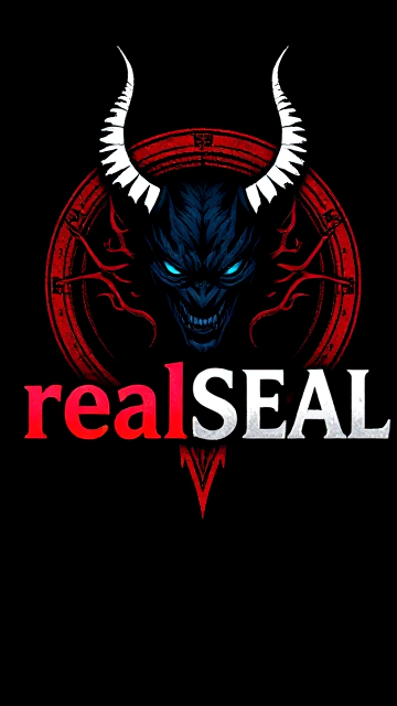 , text that says realSEAL in the middle with a demon or other mystical beings head above or behind it, color scheme: black, red, blue and white
