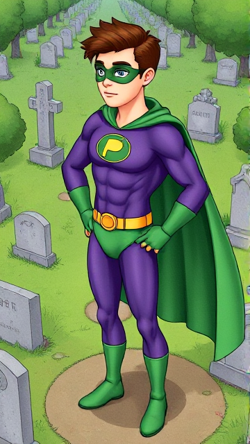 Modern Cartoon scene: A young, Autistic 25-year old boy with light skin and flat, smooth, and slick brown hair named T.J. Granger, but transformed into a genetically-altered superhero named Powerman, who, despite still being a young adult kid, has an extremely muscular body. He wears a sleek purple suit with a green P symbol on his chest, a gold belt with a circular buckle, green briefs, green boots, green long-cuffed gloves, a really big, toe-length long, ultra-wide green cape wreathed around his neck, and a green eye mask that protects his true identity. He also has incredible and invincible superpowers flowing through his veins. In this scene, Powerman is currently standing in a graveyard, visiting the grave of his deceased grandmother, paying his respects and wishing that she could have seen the superhero he has become.