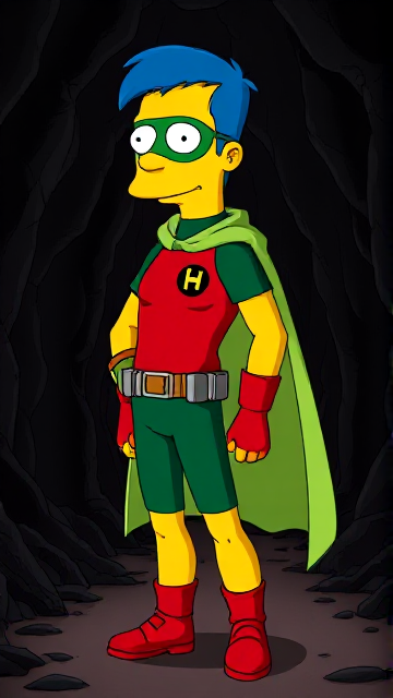 Cartoon scene: Milhouse Van Houten from The Simpsons, with his yellow skin, really big round nose, and blue hair that's slicked back and curled up at the top, but as a tall, 18-year old teenager, dressed as a parodied version of Robin, The Boy Wonder, with an extremely muscular body, wearing a dark green bodysuit with a red torso adorned with a small black circle with a light-green "H" symbol on his left pectoral, a silver utility belt with a red square buckle with silver pouches attached to it that hold all of his unique gadgets, red boots, red long-cuffed gloves, a really big, toe-length long, ultra-wide light-green cape wreathed around his neck held up by an inverted silver triangular button, and a light-green eye mask with optical lenses in it that protects his true identity, now known as Houseboy, The Nerd Wonder, the other half of Springfield's Dynamic Duo, and one of the greatest vigilante superheroes ever known in Springfield. In this scene, Houseboy is currently standing in a dark cavern, searching for a lost citizen that has been kidnapped.