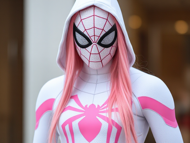 Créé une image d'un Spider-man avec un costume d homme blanc et rose les cheveux lon et rose une capuche et masque de spider man