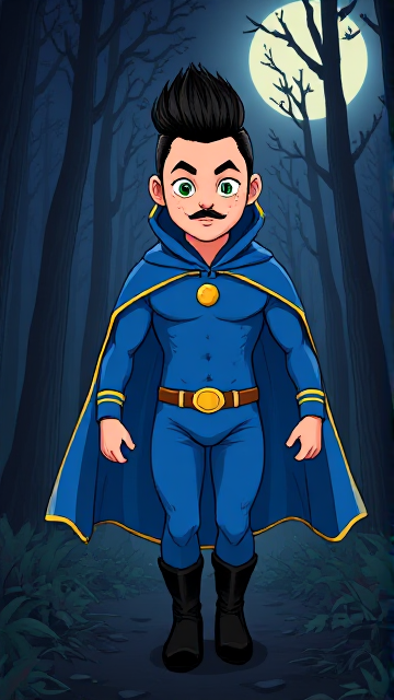Dramatic cartoon scene: A preteen 12-year old boy with light skin and freckles on his cheeks named Kyle Lipton, but transformed into a superhero named Dr. Dimensionpants, who, despite still being a kid, has an extremely muscular body. He wears a tight blue hood outlined by a yellow line, with a smooth, slicked back black mohawk on top. He also wears a sleek blue bodysuit outlined with yellow lines on the cuffs of the sleeves and pants, a golden belt with a circular buckle, black boots, and a really big, toe-length, ultra-wide blue cape with a really big collar outlined with yellow lines wreathed around his neck held up by a golden button. The pupils in his eyes are green, and he has a black twin moustache. He also has incredible, invincible, and cosmic superpowers flowing through his veins. He is currently walking through the forest of a dark and mysterious dimension under an eternal night, searching for a way to escape.