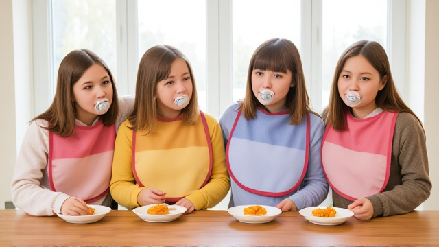 Quatre filles adolescentes aux cheveux lisses et dégagé et de différentes couleurs a l'avant assis a table  avec de la nourriture pour bébé  avec des grands bavoirs multicolore et des tétines en bouches elles ont des pull de différentes couleurs que les Bavoirs et avec des pantalons elle se font un gros câlin et il y a une grande fenêtre derrière la table