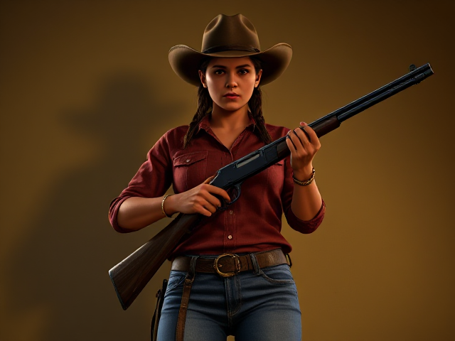 Create a RDR2 art style artwork featuring a cowgirl with a serious expression. She is standing and cleaning her rifle. Use rim lighting, shadows, and highlights to emphasize depth and realism. Ensure that her legs, dressed in jeans, are clearly visible.
