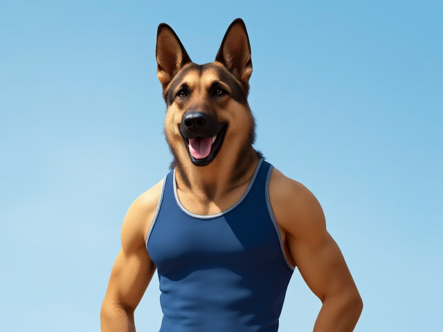 A tall and lean anthropomorphic German shepherd with long forearms wearing a water polo swimsuit
