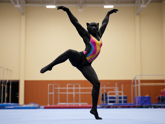 Anthropomorphic black panther with a sleek, athletic build, wearing a vibrant and colorful gymnastics leotard, performing an impressive routine in a brightly lit gymnasium. Gymnastic equipment like rings, parallel bars, and mats can be seen in the background. The panther is captured in a dynamic pose, showcasing grace and power