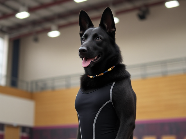 A anthropomorphic black German shepherd with blonde hair wearing a gymnastics leotard in a gymnasium