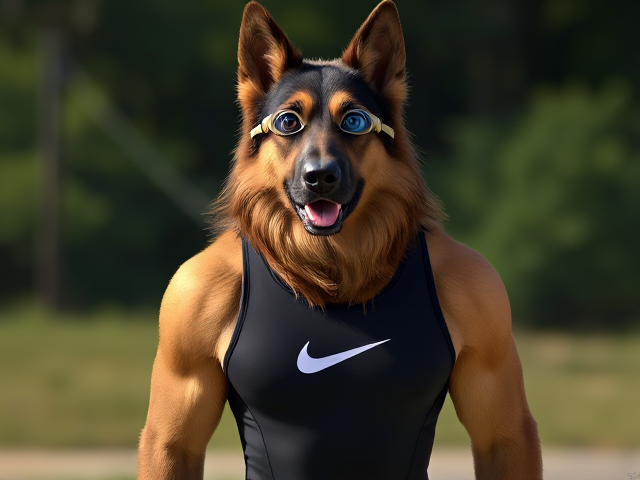 A tall anthropomorphic long haired German shepherd with a long torso and broad shoulders wearing a Nike high cut one piece swimsuit and swimming goggles