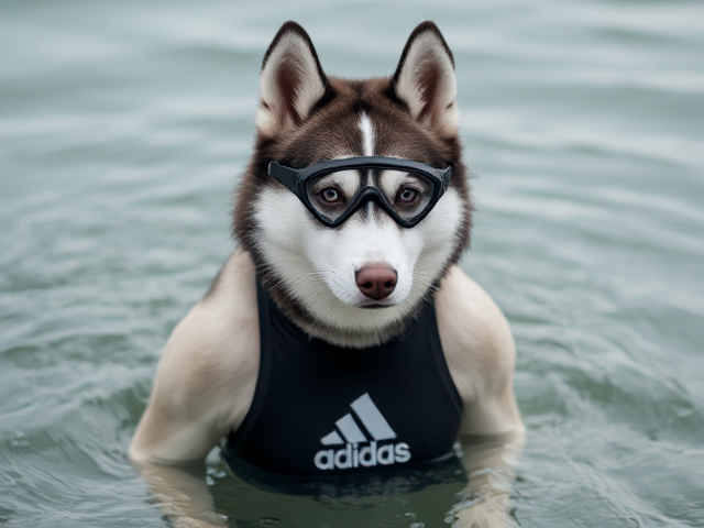 A anthropomorphic Siberian husky wearing an adidas swimsuit and Freediving goggles