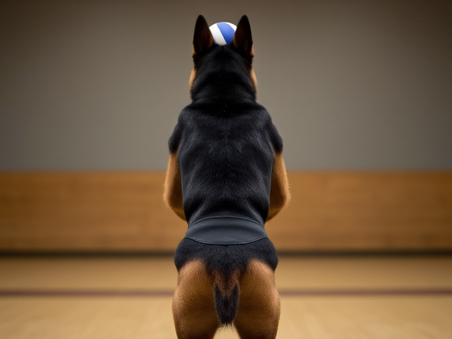 Anthropomorphic black German shepherd volleyball leotard butt gymnasium