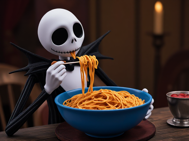 Jack Skellington mange des spaghetti dans un bol bleu