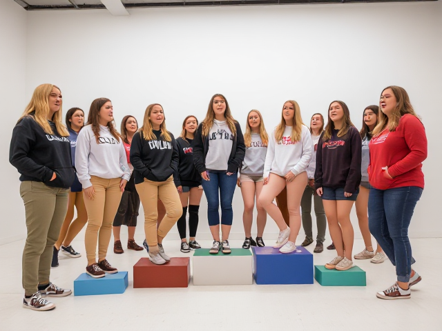 Large group of young blonde and brunette women in Urban Outfitters khakis and hoodies and Chucks sneakers each standing with one foot on top of a small colored riser in a white room and singing