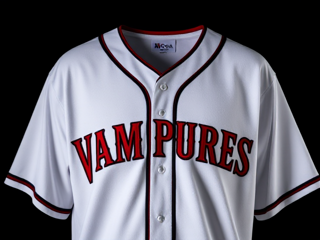A white pro baseball jersey with vampires written across the front in red and black with black and red piping around the neck and cuffs of the jersey