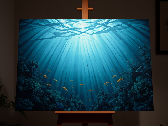 Inside the ocean with little fishes, painting, on a stand with good lighting