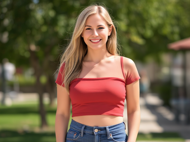 kristen bell, crop top, smiling, standing in a sunny outdoor setting, wearing jeans
