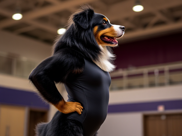Bernese mountain dog with strong hips, wearing a gymnastics leotard, inside a gymnasium, dynamic pose, vibrant lighting, detailed fur