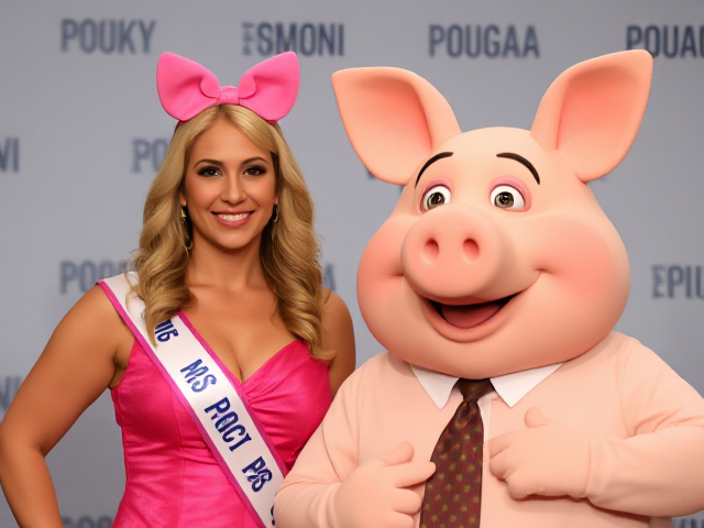 Valeria Ripoll as Miss Piggy next to Álvaro Delgado the candidate from Uruguay as Porky Pig
