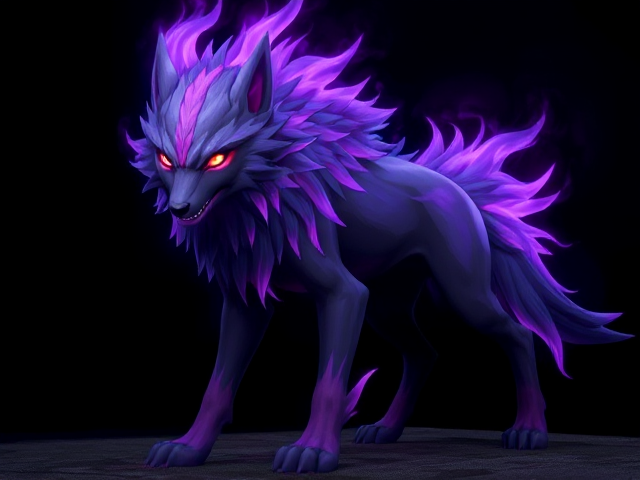 Pokemon. Looks like zacian. Purple fire. Badass looking. Spikey hair. Colored purple blue red and teal Looks way more like a full grown wolf/hound now. big and intimidating almost to an adult but not quite yet. Third form. A little more developed than the last. Third eye starting to form but not quite in the middle of head . Translucent fire now flow over both the eyes. Body stays blackish purple