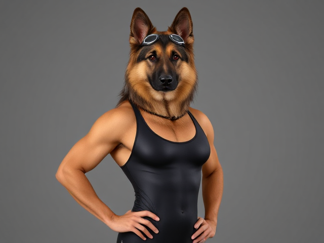 Anthropomorphic German shepherd with long hair, athletic build, wearing a sleek swimsuit and goggles, posing confidently