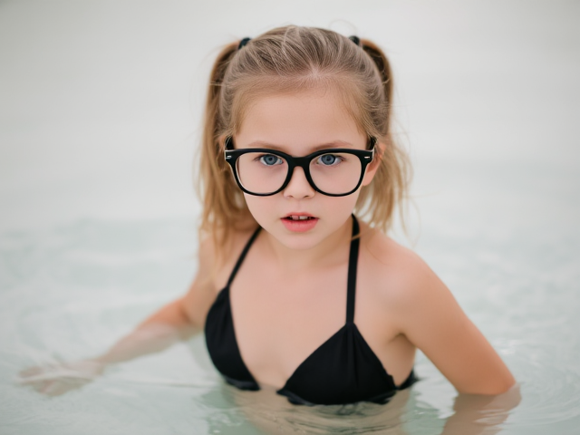 Glasses Little girl in a black bikini scared