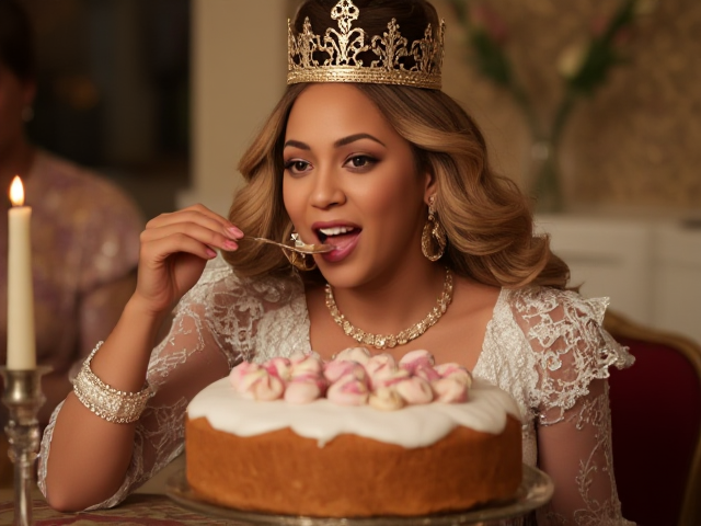 je veux beyonce en train de manger une galette des rois avec une couronne sur la tête pour l'épiphanie. la galette des rois est à l'amande