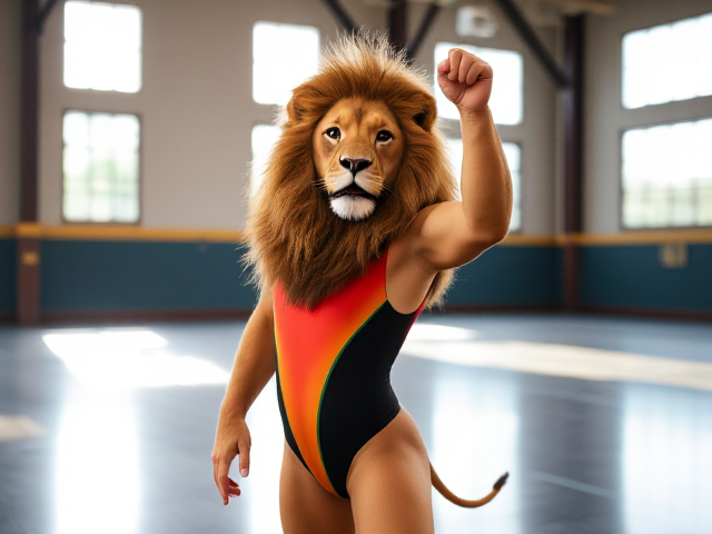 Lion wearing a gymnastics leotard in a gymnasium, vibrant colors, dynamic pose, detailed fur texture, sunlight streaming through windows
