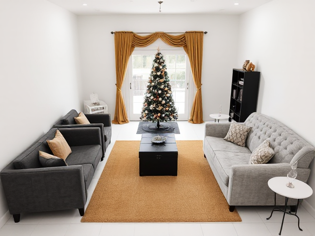 an enclosed step down living room, absolutely no windows, just white walls on both sides, only one white double french door facing me with space on both sides of the door, french doors lead to backyard, white tiles, 3 sitting furniture (2 charcoal grey furniture, and 1 really high back light gray love seat with rhinestones that seats two persons), tan area rug and 3x5ft black bookshelf, absolutely no furniture in front of the french doors, two white round end tables with black metal legs, one 2x5 ft tan book shelf,  just ONE big black and gold christmas tree and gold and white ombre curtains on the french doors, black trunk in the center of the rug, one tan 2x5ft bookshelf