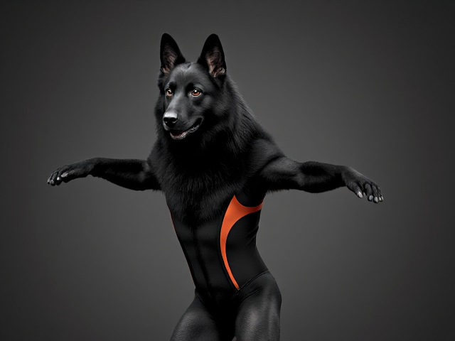 Black Anthropomorphic German Shepherd in a gymnastics leotard, detailed fur texture, athletic pose, vibrant colors