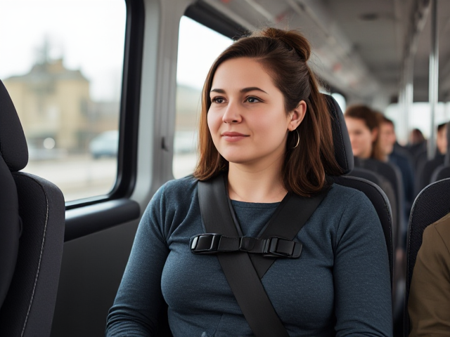 Woman on the bus in a carseat wearing a 5 point harness
