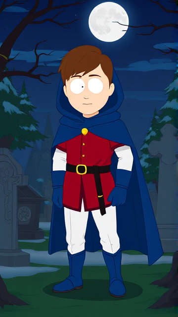 Dramatic Cartoon scene: Clyde Donovan from South Park, light skin and brown hair, but as a 14-Year Old teenager, dressed as a medieval prince, wearing a red shirt with white sleeves, a black belt with a gold buckle, white pants, blue boots, blue long-cuffed gloves, and wreathed in a really big, heel-length long, ultra-wide blue hooded cape around his neck held up by a golden button. He is now known as Prince Donovan. Despite still being a teen-age kid, he is the Youngest Ruler of South Park, Colorado, but now reborn as the real life Kingdom of Kupa Keep, Zaron, and Prince Donovan is its youngest and greatest hero. The young teen-age prince of Kupa Keep is currently standing in a graveyard at night, visiting the grave of his deceased mother, paying his respects while he wishes she could have seen the prince he has become.