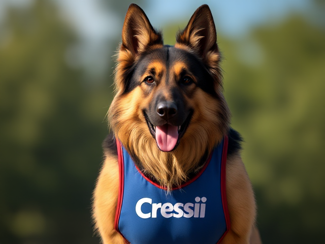 A anthropomorphic long haired German shepherd wearing a Cressi fire swimsuit