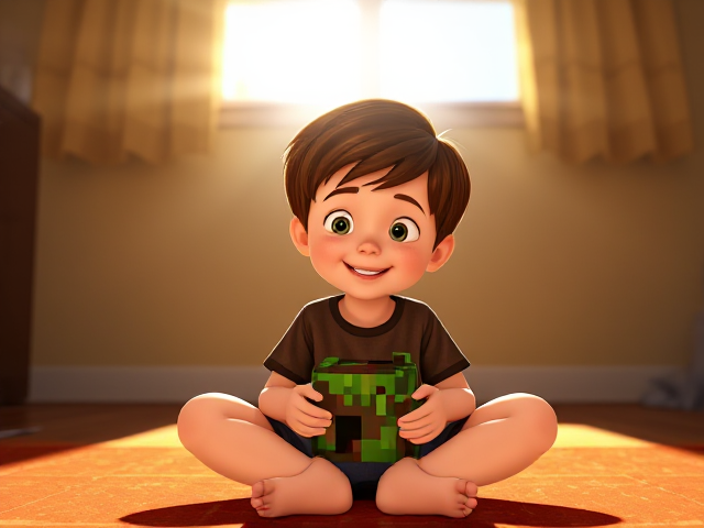 A young boy with brown hair, fair white skin, and a face full of freckles sitting cross-legged on the floor. He is joyfully engaged in playing with a Minecraft toy. The scene is depicted in a vibrant animated style, capturing the innocence and imagination of childhood