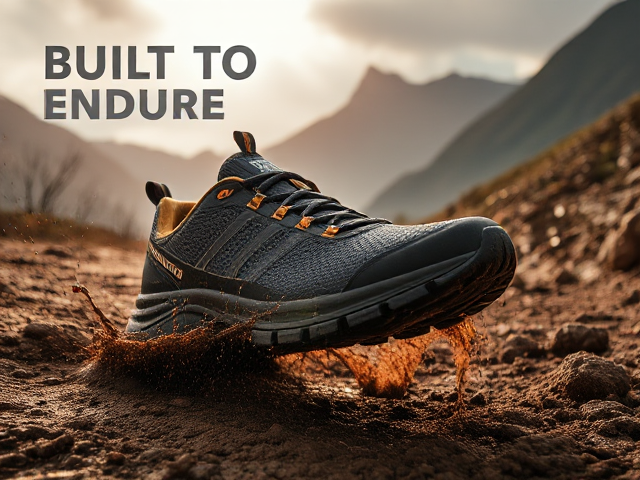 A hyper-realistic advertisement featuring rugged, all-terrain sneakers for boys, designed to look visually striking and lifelike. The sneakers take center stage, rendered in high-definition with intricate details—realistic mesh fabric, textured stitching, reflective logos, and rugged, dynamic tread soles that appear sturdy and durable. The shoes are showcased mid-action, smashing dramatically through mud, water splashes, and scattered dirt, with droplets frozen in the air to emphasize motion and energy.

The scene is set outdoors in a scenic, action-packed environment. The background features rugged mountain trails, uneven terrain, and glowing sunlight bursting through moody clouds, all slightly blurred to keep the sharp focus on the sneakers. Subtle motion effects, like dirt trails and dust particles around the shoes, further enhance the sense of speed and adventure without distracting from the product.

Light, nearly transparent text overlays fade into the background, ensuring the focus remains on the sneakers. Words like 'BUILT TO ENDURE' and 'CONQUER EVERY PATH' appear in ultra-thin, rugged fonts, blending softly into the scene. Minimal feature highlights—like 'Trail-Ready Grip' and 'Shock Absorption'—are tastefully placed near the shoes, with glowing markers that subtly enhance visibility without dominating the visual.

The overall vibe is clean, sharp, and hyper-realistic, crafted to highlight the sneakers' durability and style while appealing to boys with a passion for adventure and high-performance footwear
