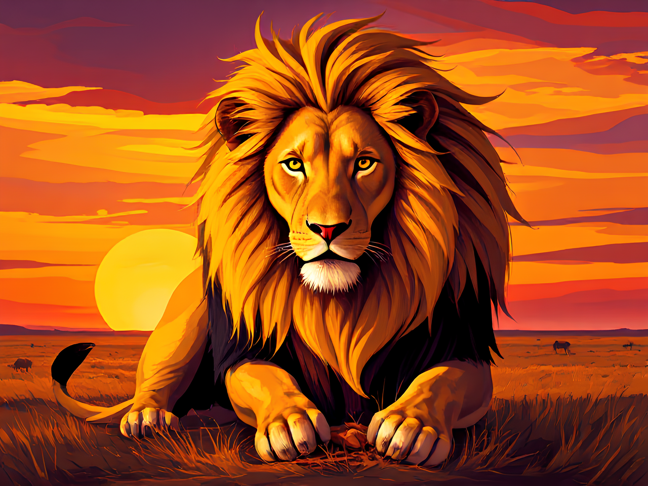 Abstract representation of a majestic lion, its mane flowing like golden flames, symbolizing pride and strength, with geometric patterns swirling around. Background of an expansive savannah at sunset, hues of orange and purple blending into the sky. Art style is modern abstract with vibrant colors. Soft, dramatic lighting casting long shadows. Low angle view to emphasize grandeur and power and he is eating chese